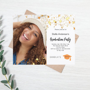 Gold stars photo graduation party invitation