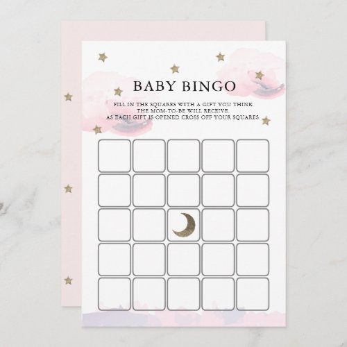Gold Stars Pink Clouds Baby Shower Bingo Game Card