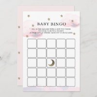 Gold Stars Pink Clouds Baby Shower Bingo Game Card