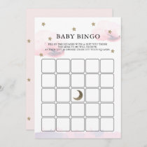 Gold Stars Pink Clouds Baby Shower Bingo Game Card