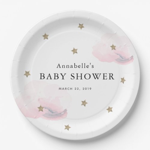 Gold Stars  Pink Clouds Baby Shower Paper Plates