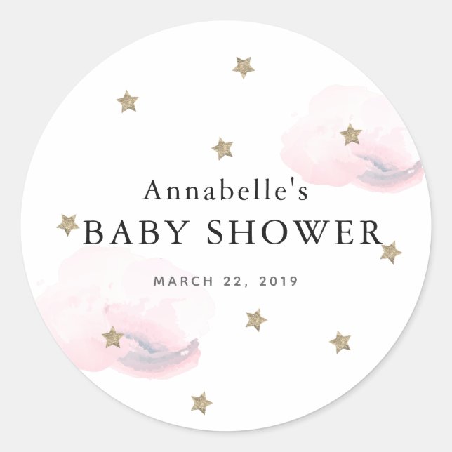Gold Stars & Pink Clouds Baby Shower Sticker (Front)