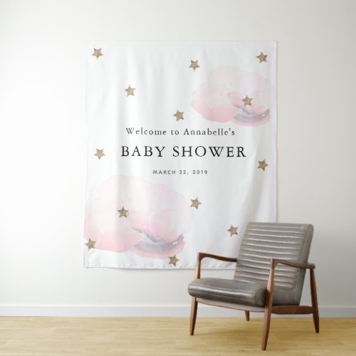 Gold Stars  Pink Clouds Baby Shower Tapestry