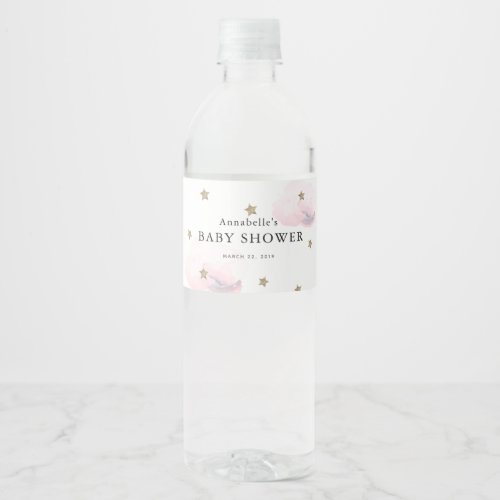 Gold Stars  Pink Clouds Baby Shower Water Bottle Label