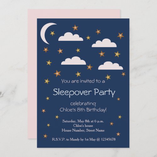 Gold Stars Pink Clouds Birthday Sleepover Party Invitation