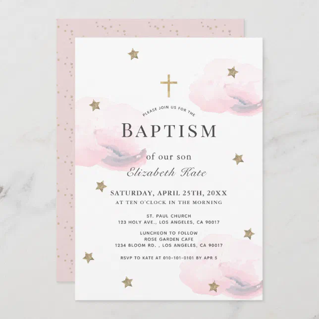 Gold Stars & Pink Clouds Girl Baptism Invitation | Zazzle