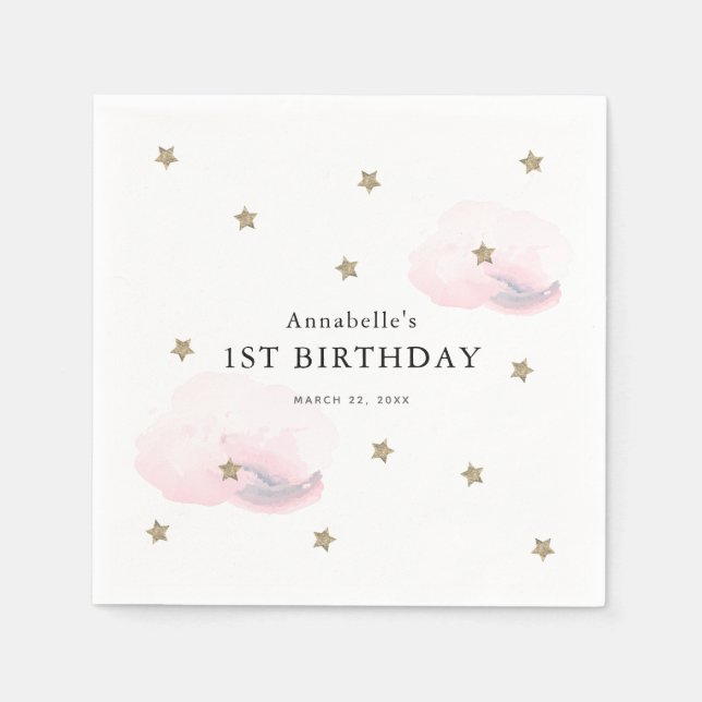 Gold Stars & Pink Clouds Girl Birthday Napkins (Front)