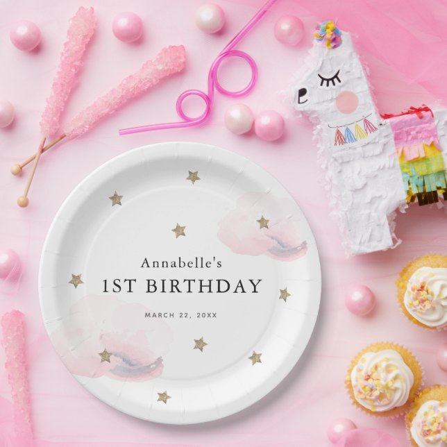 Gold Stars & Pink Clouds Girl Birthday Paper Plates (Party)
