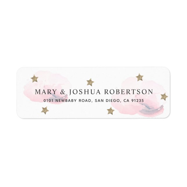 Gold Stars & Pink Fluffy Clouds Address Label (Front)