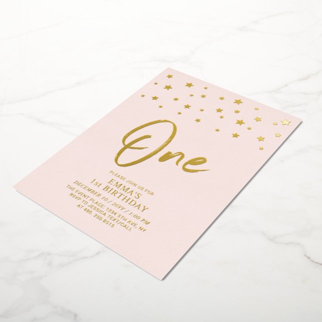 Gold Stars | Pink One 1st Birthday Party Foil Invitation (Rotated)