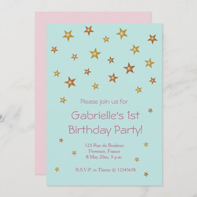 Gold Stars Pink Turquoise Sweet Baby Kids Birthday Invitation (Front/Back)