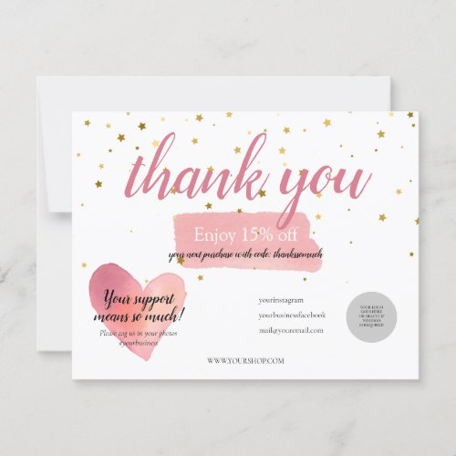 Gold Stars Pink Watercolor Thank You Discount