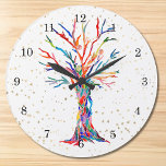 Gold Stars Rainbow Colors Tree of Life Large Clock<br><div class="desc">This whimsical clock is decorated with a print of a Tree Of Life design in rainbow colors and gold stars.
The tree was originally made in mosaic using tiny fragments of brightly colored glass.
Original Mosaic © Michele Davies.</div>