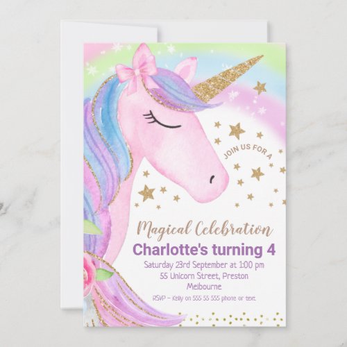 Gold Stars Rainbow Unicorn Birthday Invitation