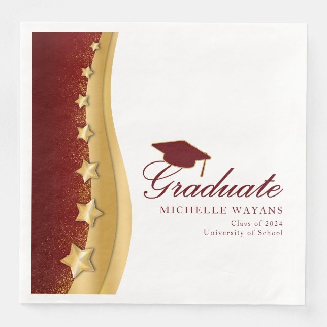 Gold Stars Red Hat Graduation Party Paper Dinner Napkins (Front)