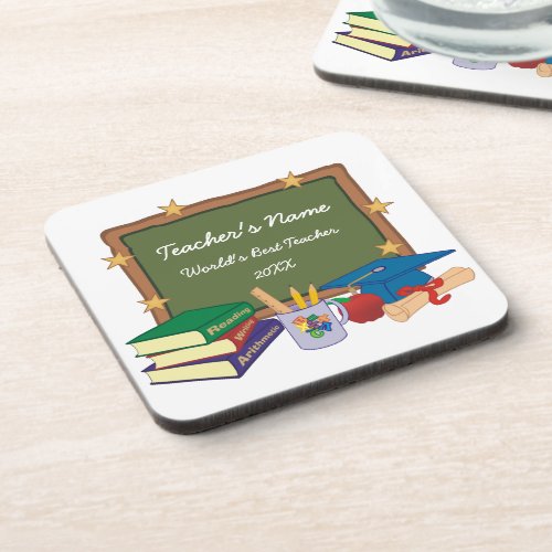 Gold Stars Retro Personalized Teacher Beverage Coaster