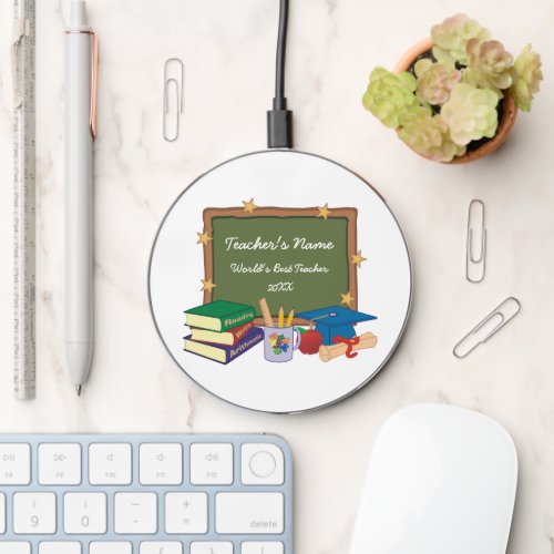 Gold Stars Retro Personalized Teacher Wireless Charger