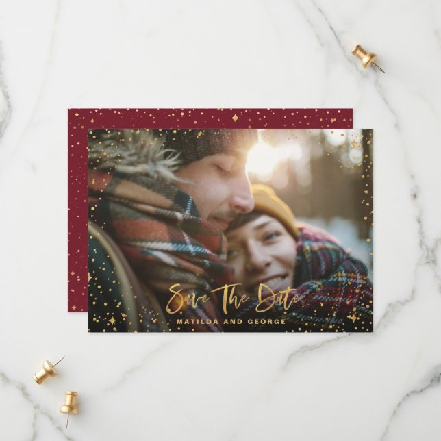 Gold stars script photo modern wedding save the date (Front/Back In Situ)