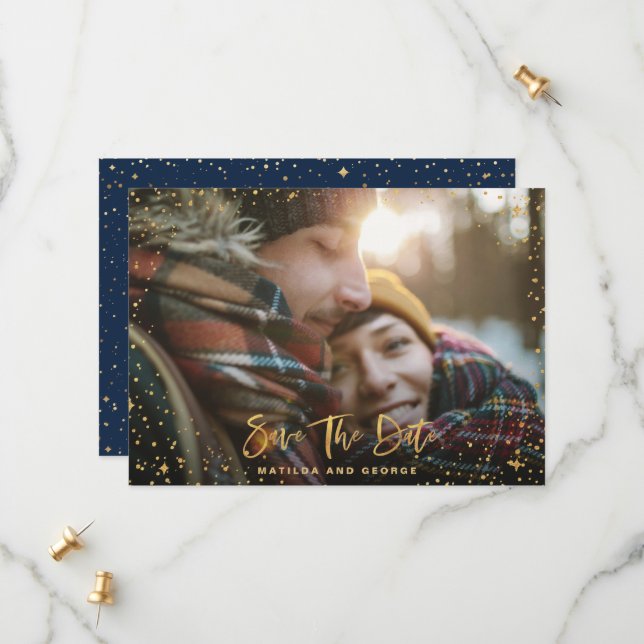 Gold stars script photo modern wedding save the date (Front/Back In Situ)