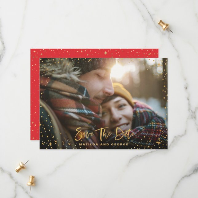 Gold stars script photo modern wedding save the date (Front/Back In Situ)