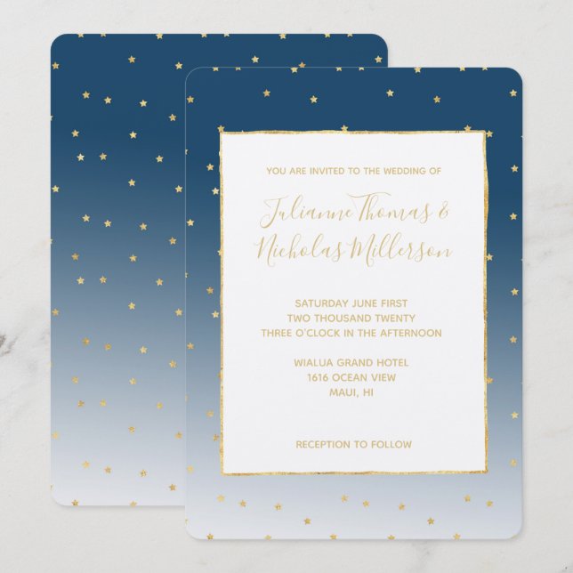 Gold Stars Sky Shine Bright Ombre Wedding Invitation (Front/Back)