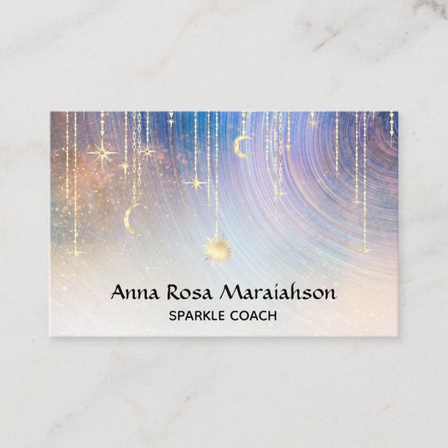 *~* Gold Stars Sparkle Moon Sun Celestial Rainbow Business Card (Front)