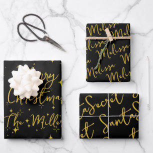 Gold Stars & Sparkles Personalized Black Wrapping Paper Sheets