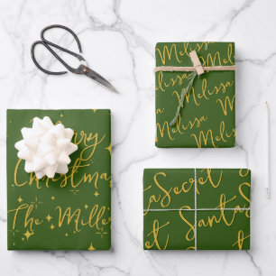 Gold Stars & Sparkles Personalized Green Wrapping Paper Sheets