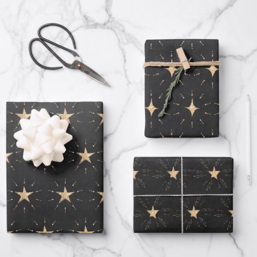 Gold Stars  Stardust On Black Wrapping Paper Sheets