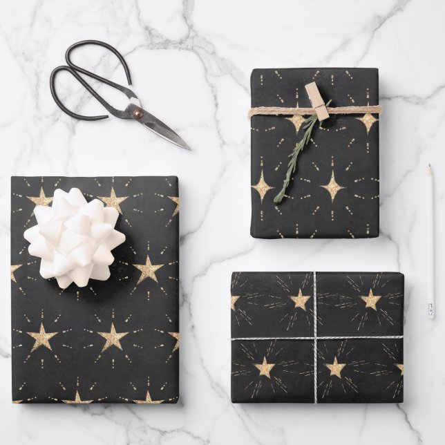 Gold Stars & Stardust On Black Wrapping Paper Sheets (Front)