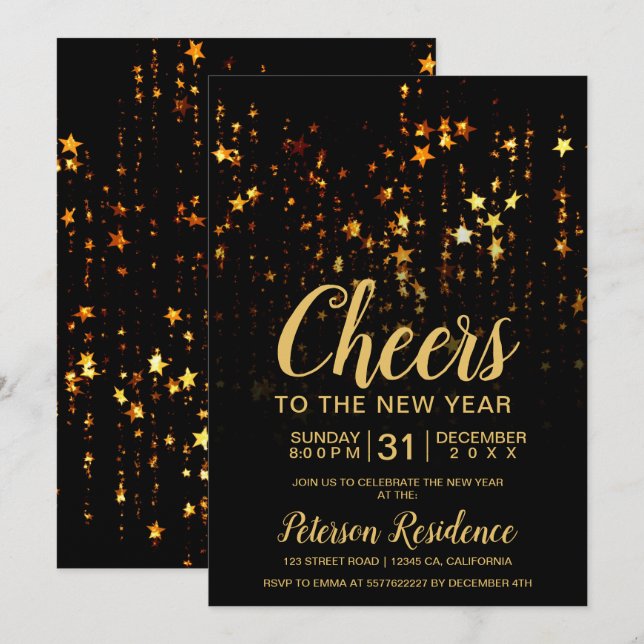 Gold stars string lights black New' Year eve party Invitation (Front/Back)