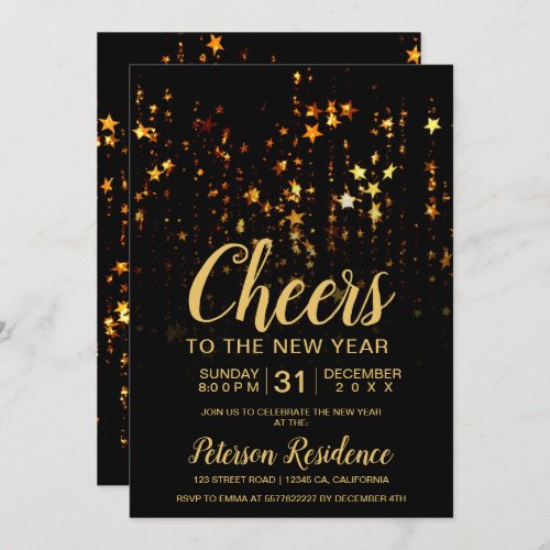Gold stars string lights black New Year eve party Invitation