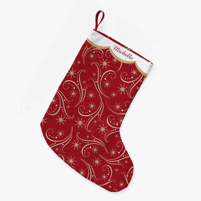 Gold Stars Swirl Personalized Small Christmas Stocking (Front (Hanging))