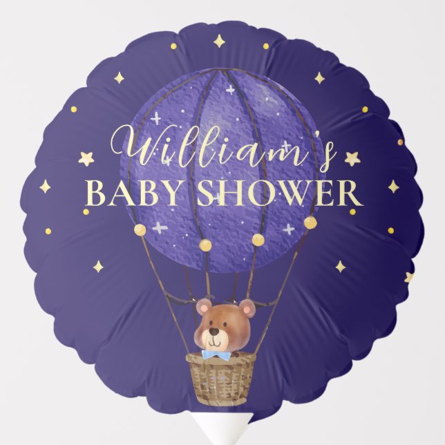 Gold Stars Teddy Bear Hot Air Balloon Baby Shower (Front)