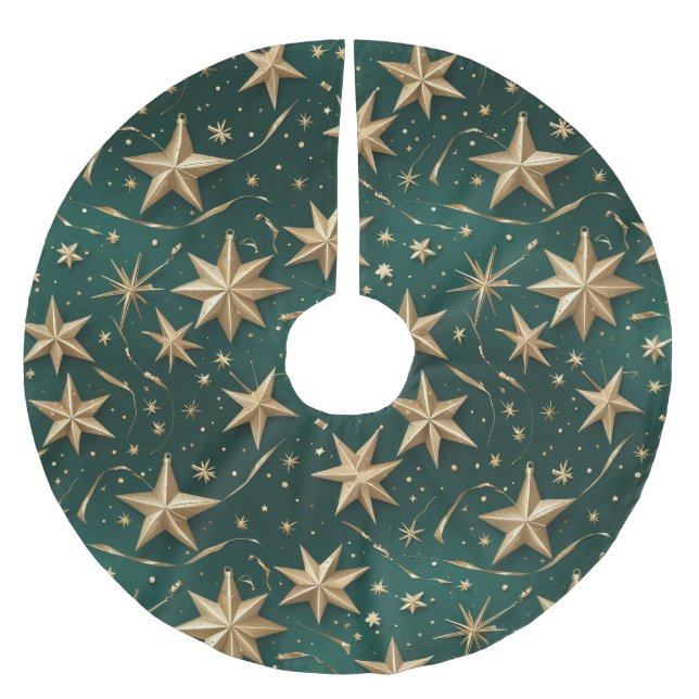 Gold Stars Tree Skirt | Dark Green Elegant Decor (Front)