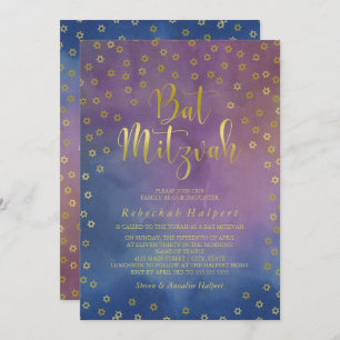 Gold Stars Watercolor Bat Mitzvah Invitation