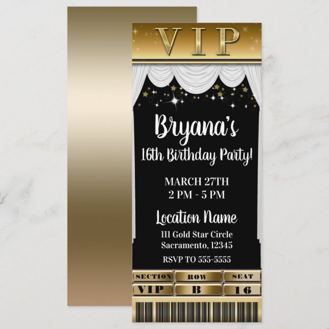 Gold Stars White Curtains Elegant Party VIP Ticket Invitation (Front/Back)