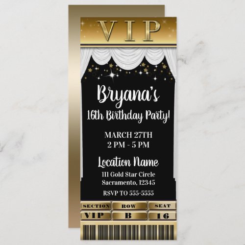 Gold Stars White Curtains Elegant Party VIP Ticket Invitation