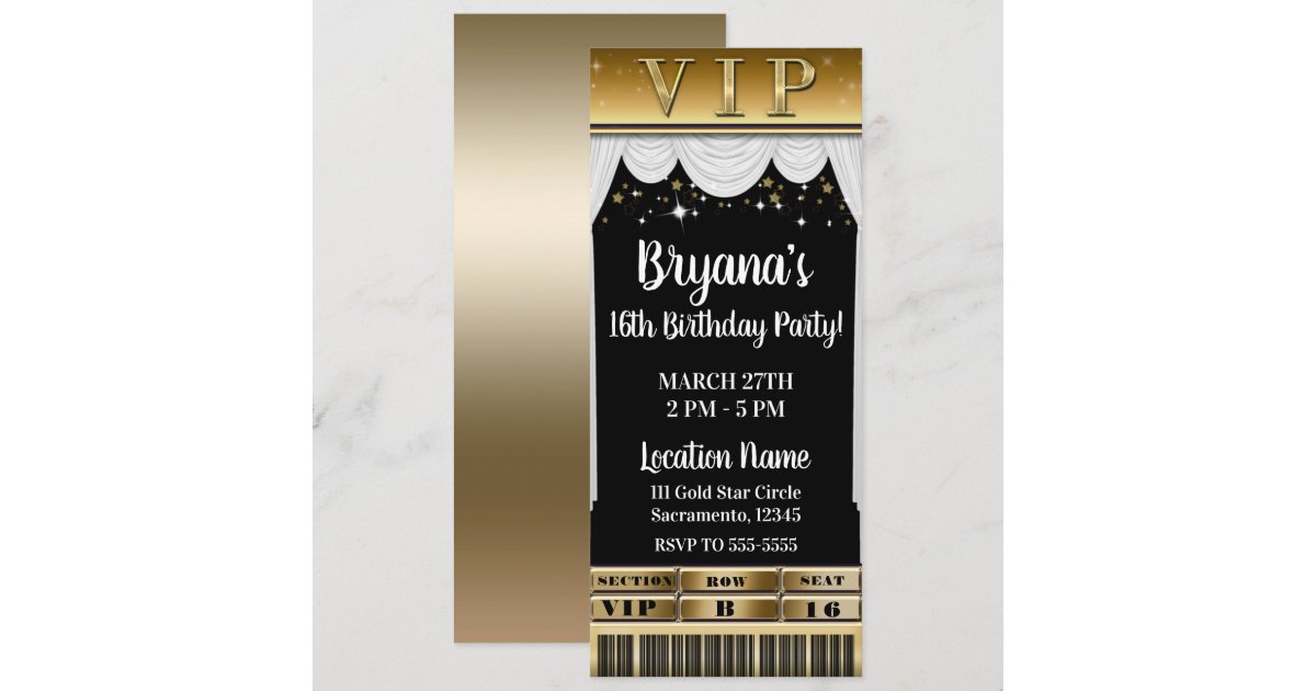 Gold Stars White Curtains Elegant Party VIP Ticket Invitation | Zazzle