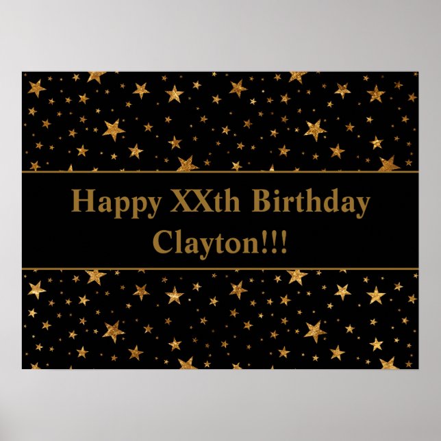 Gold Stars With Message On Black Birthday Poster (Front)