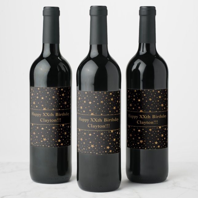 Gold Stars With Message On Black Birthday Wine Label (Bottles)