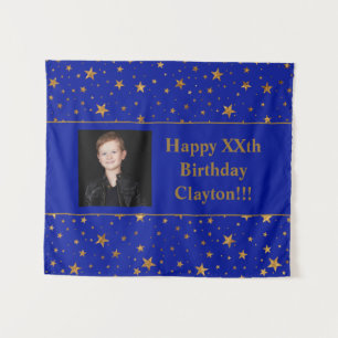 Gold Stars With Message Photo On Blue Birthday Tapestry