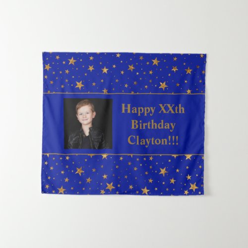 Gold Stars With Message Photo On Blue Birthday Tapestry