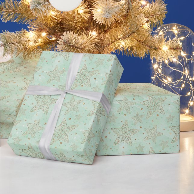 Gold Stars With Pale Green Background Wrapping Paper (Holidays)