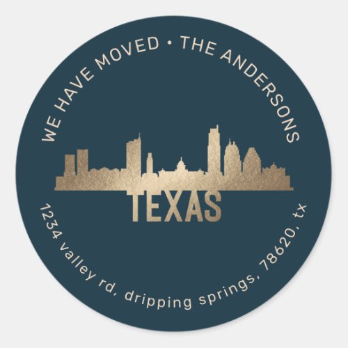 gold state proud texas moving announcement classic round sticker
