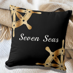 Gold steering wheels yacht boat black name throw pillow