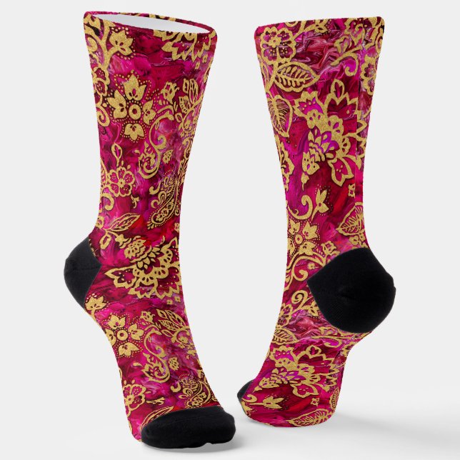Gold Stencil Floral and Textured Pink Ground Socks (Angled)