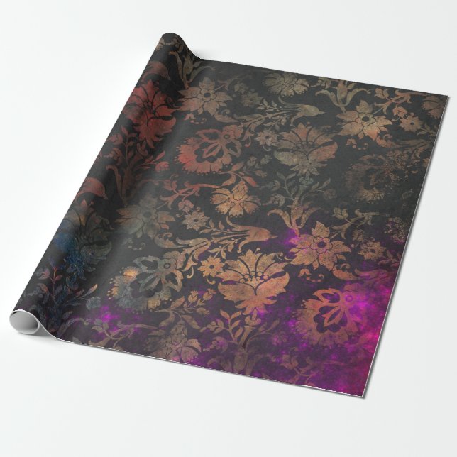 Gold Stencil Flowers on Purple and Black Wrapping Paper (Unrolled)