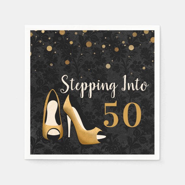 Gold Stepping into 50 Woman's Birthday Party Napkins (Front)