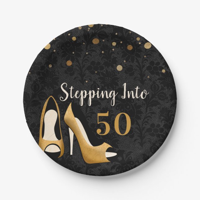 Gold Stepping into 50 Woman's Birthday Party Paper Plates (Front)